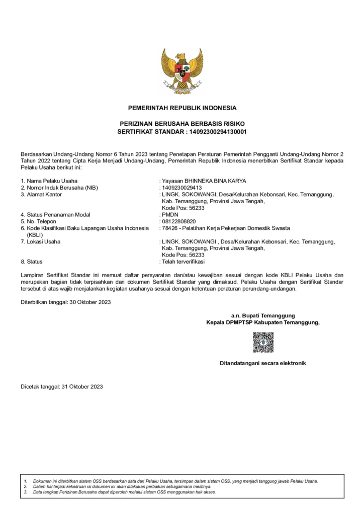 Sertifikat Standar Bhinneka